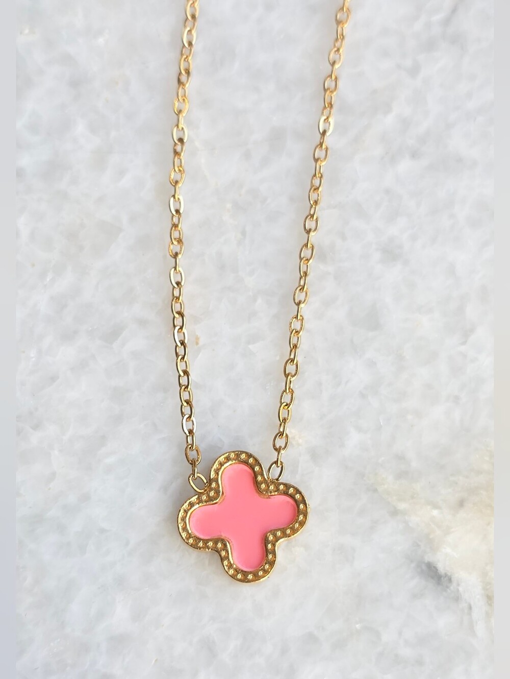 Pink Clover Quatrefoil Pendant Necklace Gold Tone Dainty Minimalist New